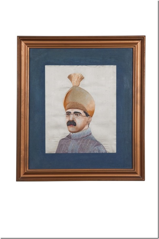 Embroidered Zarthost portrait of the 7th Nizam of Hyderabad, by Late Mrs Dhunjishah Mistry of Hyderabad. 1950s Embroidered Zarthost portrait of the 7th Nizam of Hyderabad, by Late Mrs Dhunjishah Mistry of Hyderabad. 1950s