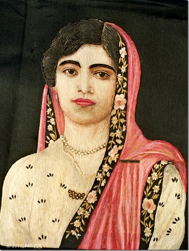 Embroidered portrait of Jer Banoo Kanga of Nagpur who died in childbirth in 1925